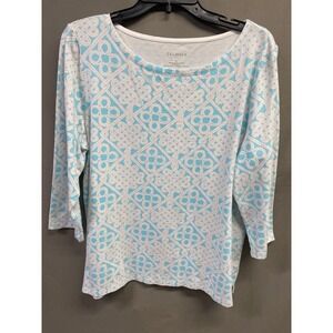 Talbots Womens XL 3/4 Sleeve Boat Neck Top Blue White Rope Knot Print Cotton